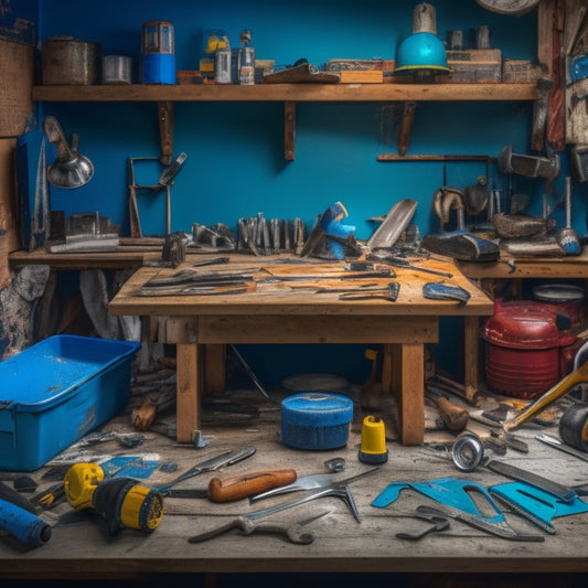 A cluttered workbench with a variety of DIY renovation tools, including a hammer, tape measure, level, wrench, pliers, screwdrivers, drill, and saw, surrounded by scattered blueprints and building materials.