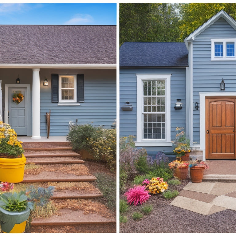 A split-screen image: left side shows a renovated house exterior with various finishes (brick, vinyl, stucco) and right side displays an assortment of finish tools (trowels, sanders, brushes) on a wooden workbench.