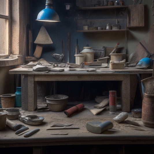 A cluttered workbench with various plastering tools and materials, including a hawk, trowel, joint knife, mixing bucket, sand, cement, and a partially plastered wall in the background.