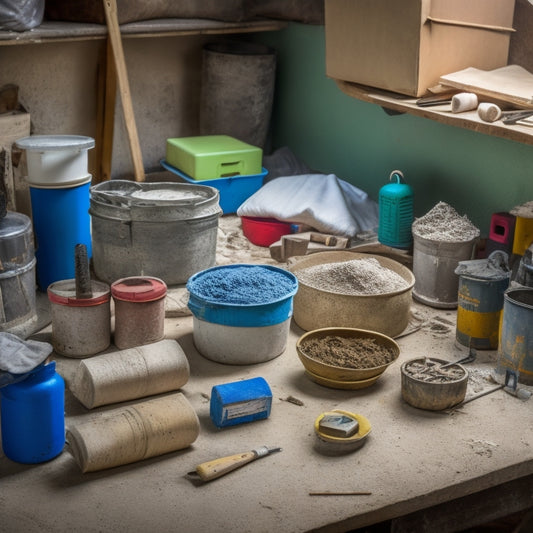 A cluttered workshop table with various plastering materials, including bags of powdered plaster, tubs of joint compound, and boxes of drywall screws, surrounded by scattered tools and a partially plastered wall in the background.