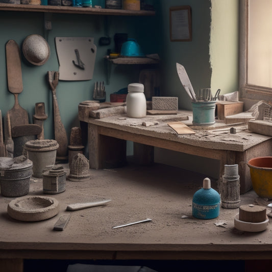 A messy workbench with various plastering tools scattered around, including a trowel, putty knife, and joint knife, with a small pile of plaster mix and a miniature house model in the background.