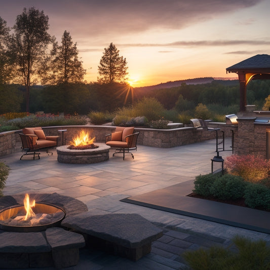 A serene outdoor space with a large stone patio, surrounded by lush greenery, featuring a sleek outdoor kitchen, a fire pit, and comfortable seating areas, under a warm sunset glow.