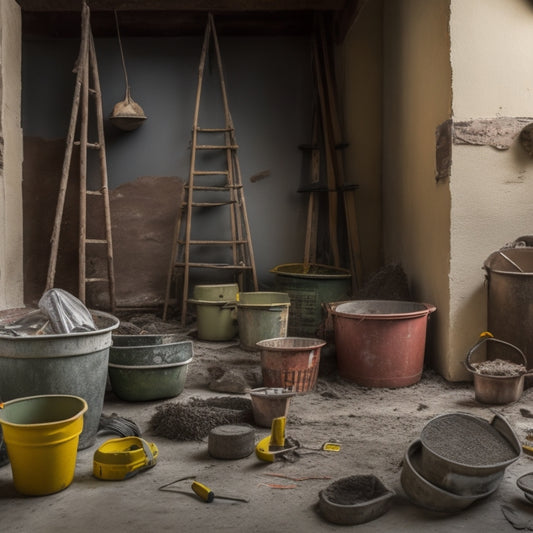A messy construction site with a partially renovated stucco wall, surrounded by scattered tools and materials, including buckets of stucco mix, trowels, and rolls of wire mesh.