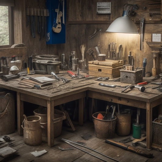 A cluttered workbench with seven open tool kits, each containing an assortment of screwdrivers, pliers, wrenches, and hammers, surrounded by scattered renovation materials like wires, pipes, and wooden planks.