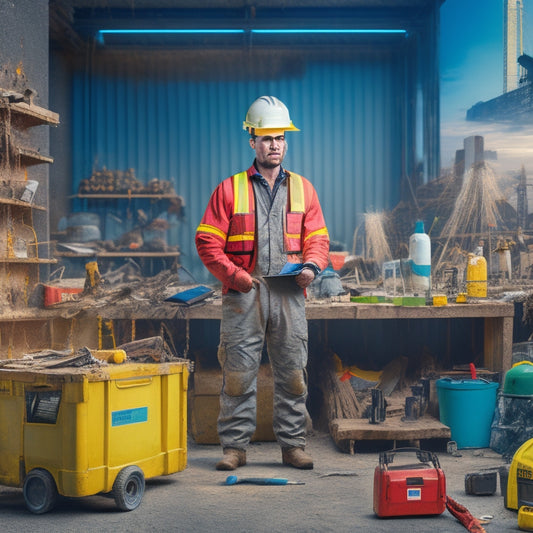 An illustration of a person in a hard hat and safety vest, standing amidst a cluttered renovation site, surrounded by various drill types and accessories, with a clipboard and checklist in hand.