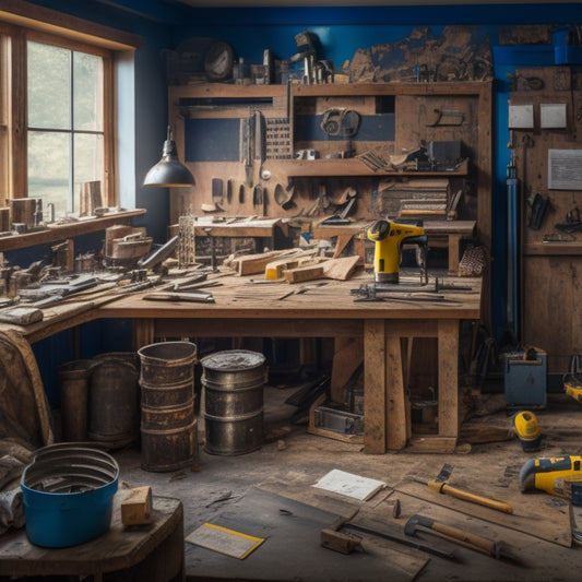 A cluttered workbench with a circular saw, drill, level, tape measure, and hammer, surrounded by scattered blueprints, wooden planks, and scattered renovation tools, against a backdrop of a partially renovated room.