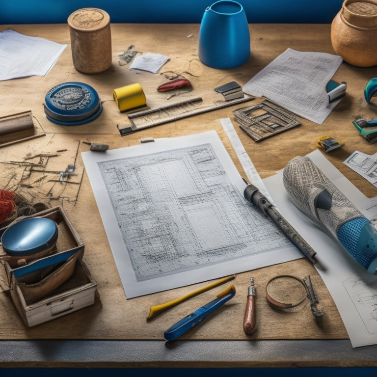 A cluttered room with renovation plans, blueprints, and scattered construction materials surrounded by tools, with a prominent clipboard and pen in the center, awaiting organization.