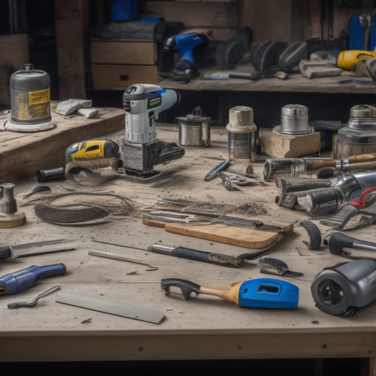 A cluttered workshop table with a variety of DIY power tools, including a cordless drill, impact driver, circular saw, and jigsaw, surrounded by woodworking scraps and renovation plans.