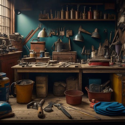 A cluttered workshop background with various tools and renovation materials scattered around, with a central focus on a well-organized toolbox with compartments, and a few tools laid out in a specific order.
