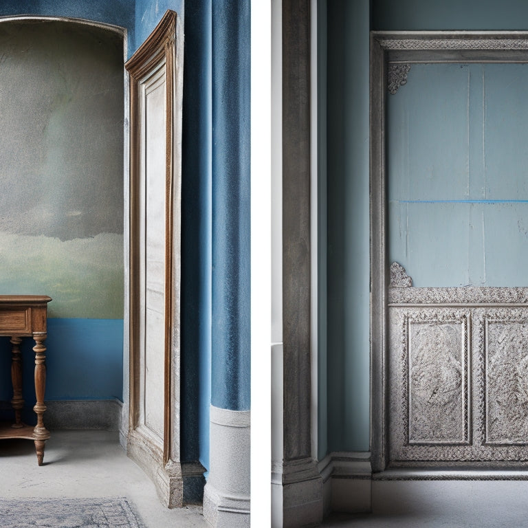 A split-screen image featuring a before-and-after comparison: a dull, cracked wall with peeling paint on the left, and a renovated wall with a fresh coat of paint, smooth texture, and stylish decorative molding on the right.