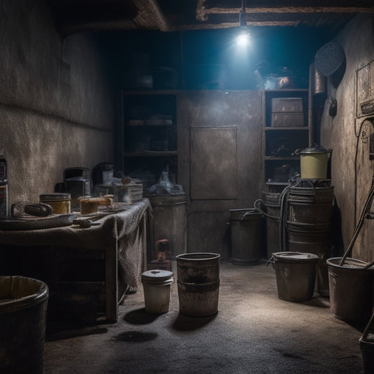 An image of a dimly lit, cluttered basement with old pipes, cobwebs, and water stains on the walls, with a single, bright spotlight shining on a clean section of wall with a scrub brush and bucket nearby.