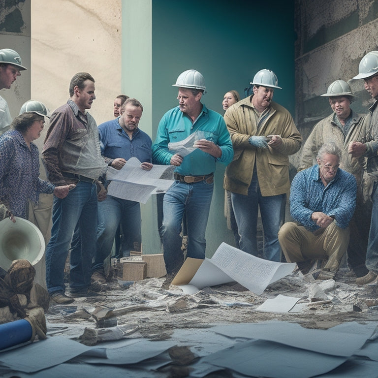 A chaotic construction site with scattered blueprints, crumpled papers, and broken tiles, surrounded by worried homeowners, contractors, and architects gesturing in disagreement, amidst a backdrop of torn walls and exposed wiring.