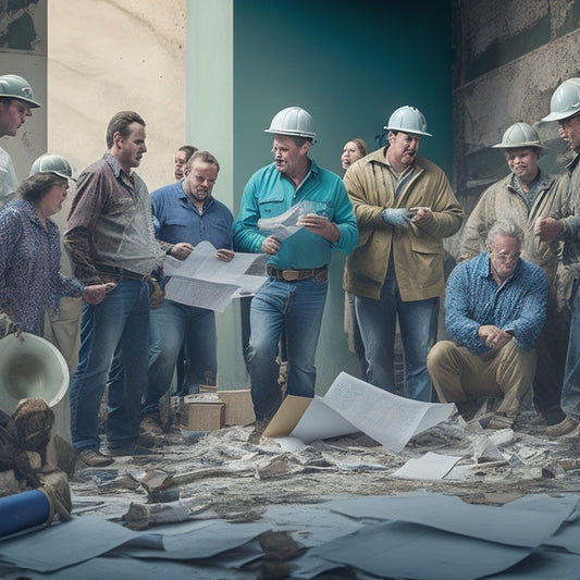 A chaotic construction site with scattered blueprints, crumpled papers, and broken tiles, surrounded by worried homeowners, contractors, and architects gesturing in disagreement, amidst a backdrop of torn walls and exposed wiring.
