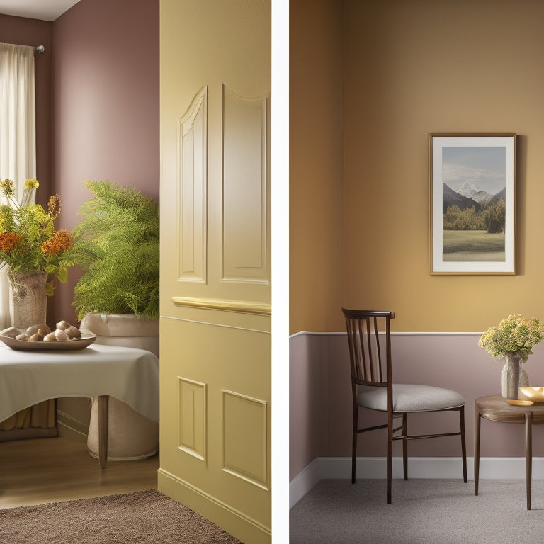 A before-and-after split-screen image: a drab, beige wall with outdated wallpaper on the left, and a vibrant, freshly painted accent wall with modern decor on the right.