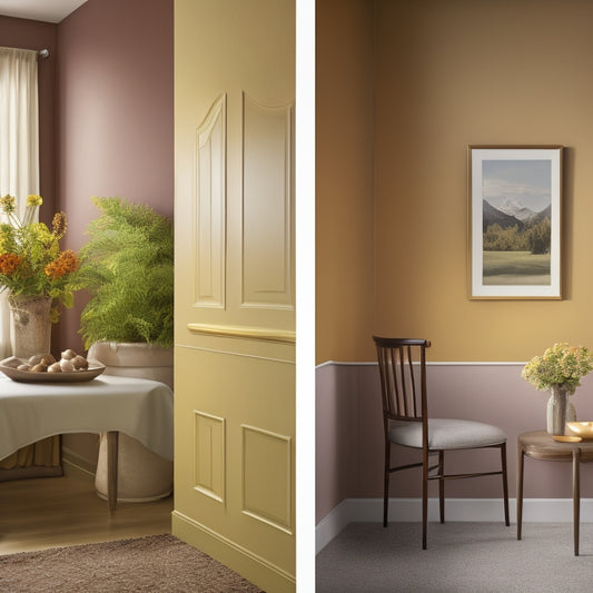 A before-and-after split-screen image: a drab, beige wall with outdated wallpaper on the left, and a vibrant, freshly painted accent wall with modern decor on the right.