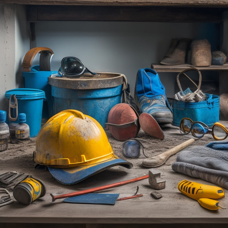 A cluttered workshop backdrop with various safety gear and tools scattered around, including a hard hat, safety goggles, dust mask, steel-toed boots, and a respirator, amidst scattered plastering and renovation materials.