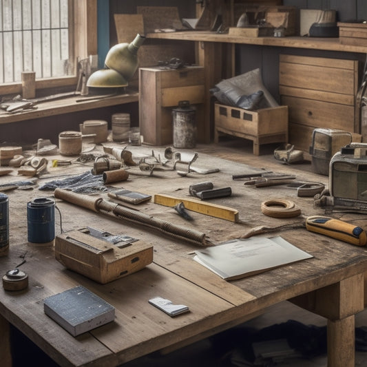 A cluttered but organized workspace with a wooden table, scattered blueprints, a tape measure, a level, a hammer, a drill, and a few scattered tools, against a backdrop of a partially renovated room.