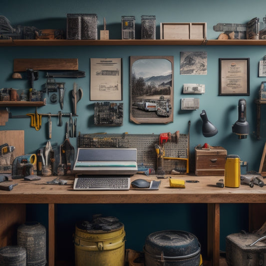 A cluttered, yet organized, DIY workstation with a partially renovated wall in the background, featuring various affordable renovation tools, such as a cordless drill, level, and putty knife.