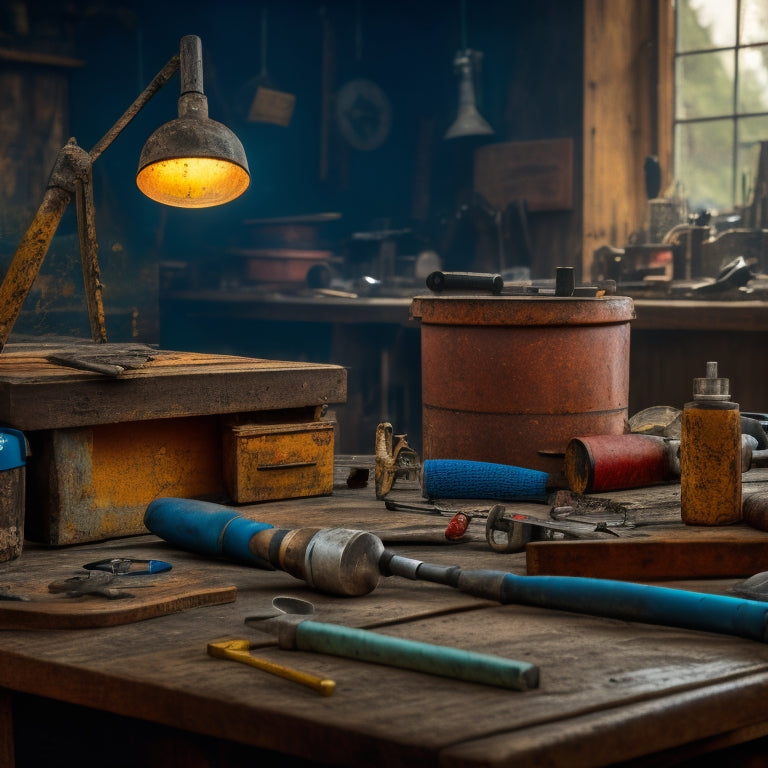 A cluttered workshop background with a worn, rusty hammer lying on a workbench, surrounded by scattered tools, with a magnifying glass hovering above a scratched, dusty power drill.