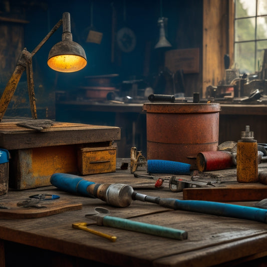 A cluttered workshop background with a worn, rusty hammer lying on a workbench, surrounded by scattered tools, with a magnifying glass hovering above a scratched, dusty power drill.