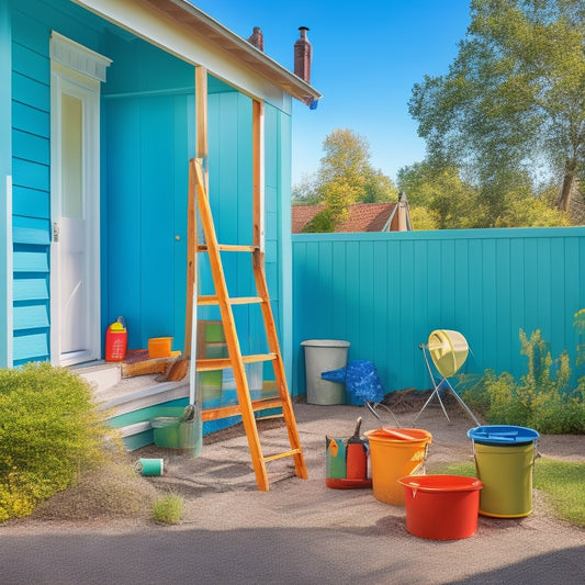 A serene, sunny backyard with a partially renovated house facade in the background, featuring a ladder, a bucket of paint, a hammer, and a level, surrounded by scattered tools and materials.