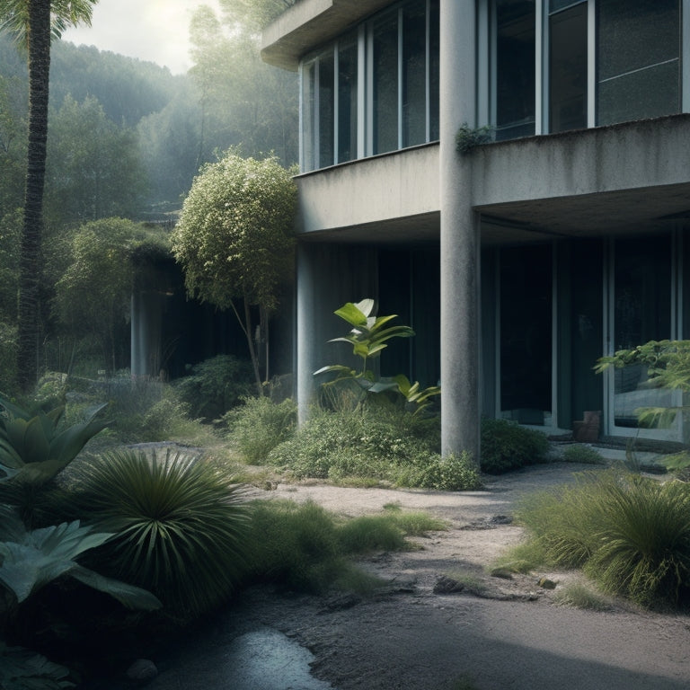 A worn, cracked concrete exterior with overgrown vegetation, contrasted with a renovated section featuring smooth, polished walls, large windows, and a sleek, modern roofline, amidst scattered tools and construction materials.