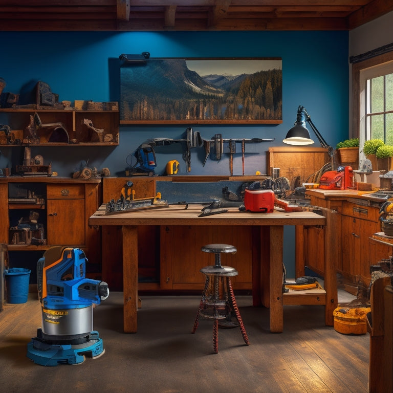 A well-lit, clutter-free workshop with a variety of high-quality renovation tools, including a precision miter saw, a cordless drill, and a level, arranged neatly on a wooden workbench.