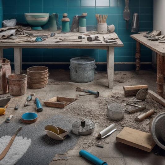 A cluttered home renovation workspace with various edging tools, such as trowels, floats, and edgers, scattered around a half-completed tile floor, surrounded by dust and debris.