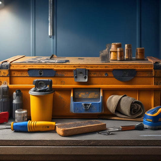 An illustration of a contractor's toolbox filled with crack repair equipment, including a drill, epoxy resin, and injection ports, set against a backdrop of a cracked wall being repaired.
