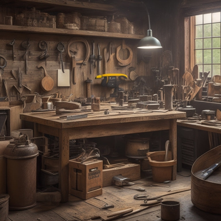 A cluttered workshop with a wooden workbench in the center, surrounded by various renovation tools, including a tape measure, level, hammer, drill, saw, and wrench, with a faint blueprint in the background.