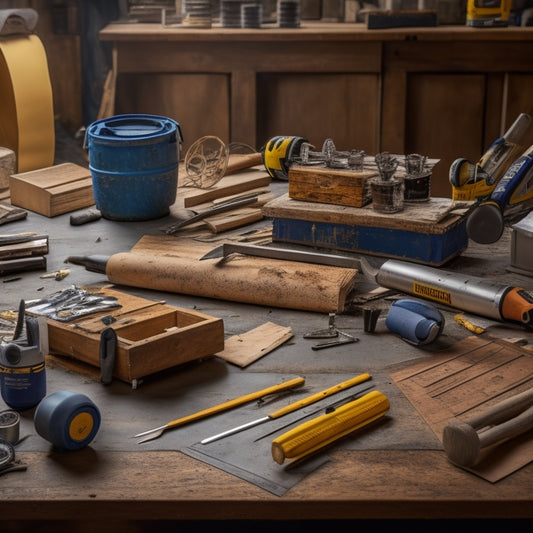 A cluttered workshop table with scattered renovation tools, including a cordless drill, level, and tape measure, surrounded by rolls of blueprints, scattered screws, and a half-unwrapped bundle of lumber.