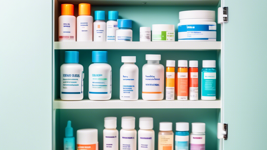 An organized medicine cabinet with labeled containers and shelves