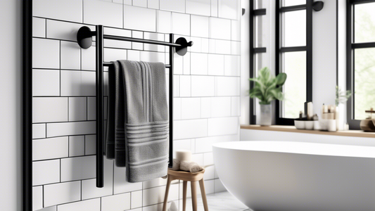 A stylish and modern towel rack with sleek lines and a matte black finish, mounted on a white tiled wall in a bathroom with natural light streaming in through a window. The rack has two bars for hangi
