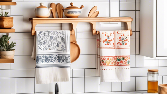 A wooden tea towel rack with three tiers, hanging on a kitchen wall. The rack is filled with a variety of tea towels, including plain white, patterned, and embroidered. The kitchen is bright and airy,