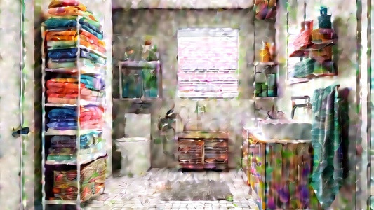 Photorealistic image of a compact bathroom with various towel storage solutions, including hanging racks, shelves, baskets, and hooks, in a modern and organized style.