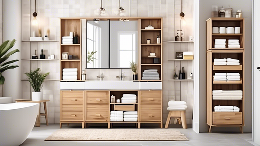 A spacious and organized bathroom storage cabinet with multiple compartments, shelves, and drawers, neatly storing various toiletries, towels, and other bathroom essentials, creating a clutter-free an