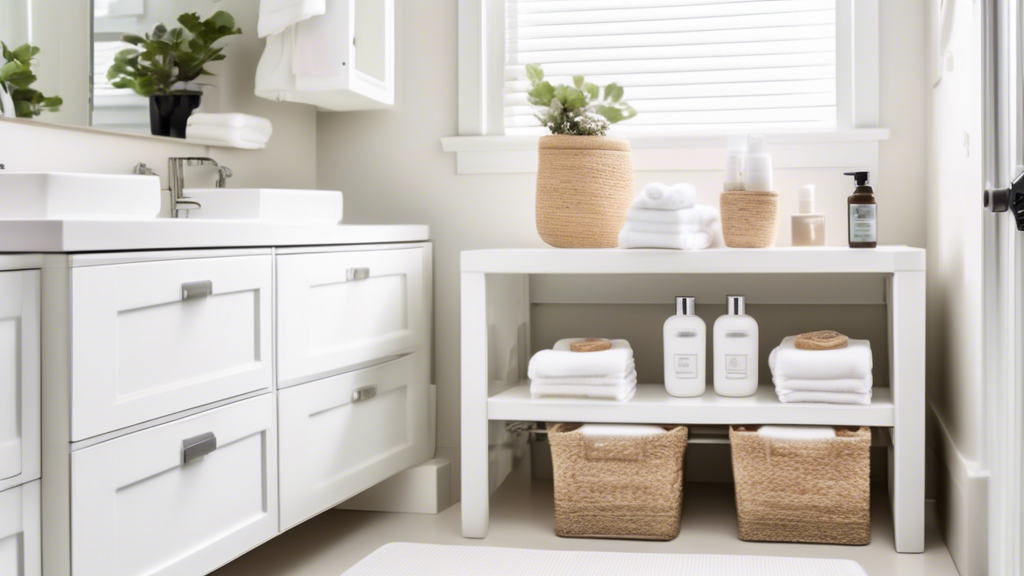 An organized bathroom with white storage drawers and shelves, featuring a variety of storage containers, baskets, and toiletries. The drawers and shelves are labeled with different categories, such as