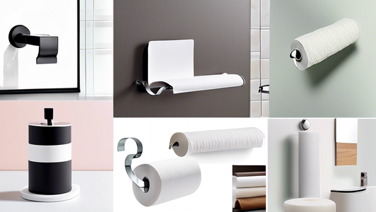 A cohesive collage of stylish paper towel holder ideas for a modern bathroom, showcasing a variety of materials, colors, and designs, including sleek wall-mounts, freestanding stands, and innovative r