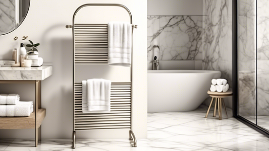 Brushed nickel freestanding towel rack, minimalist design, modern bathroom, white marble tiles, natural light