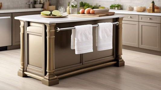 An elegant kitchen island with a beautiful kitchen towel bar. The bar should be made of a high-quality material such as brushed nickel or polished brass. It should be mounted on the island in a conven