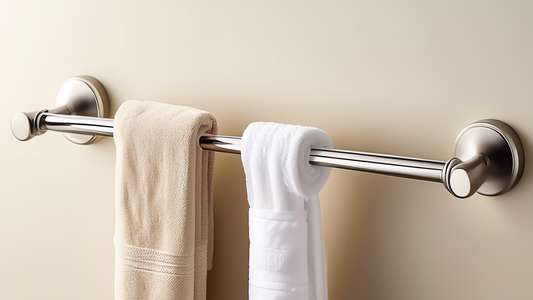 A close-up photograph of a variety of towel bars installed in a bathroom, including single bars, double bars, and bars with hooks. The towel bars are made of different materials, including chrome, bru