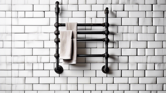 An industrial towel rack made of black metal pipes, mounted on a raw concrete wall with white tile accents, in the style of modern farmhouse decor.