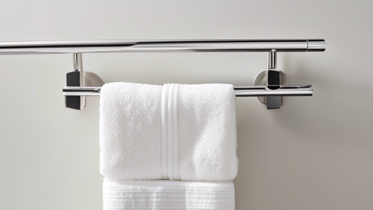 A close-up photograph of a bathroom with a double towel bar. The towel bar is mounted on the wall, and it has two bars that are parallel to each other. There are two towels hanging on the towel bar, o