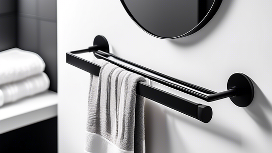 A sleek and modern bathroom towel bar with a black matte finish and polished chrome accents. It has a minimalist design with simple, geometric lines and is mounted horizontally on a white wall. The to