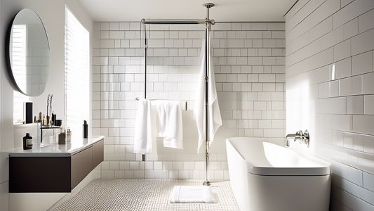 A sleek and modern bathroom with a gleaming nickel towel bar. The towel bar is mounted on a white bathroom wall and is surrounded by white subway tiles. The towel bar is reflecting the light from the 