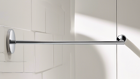 **DALL-E Prompt:**

A towel bar that is thin and sleek, designed to minimize space in a modern bathroom. The bar is made of polished chrome and has a minimalist design. It is mounted on the wall and h