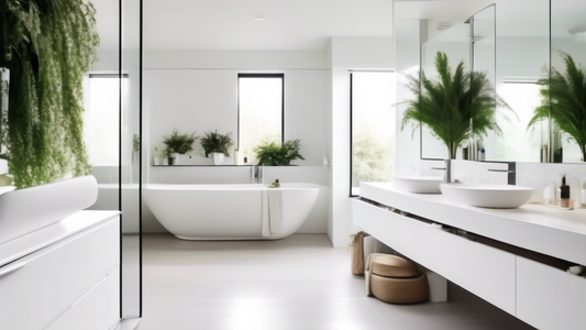 A minimalist and organized bathroom with sleek white cabinets, mirrored surfaces, and neatly folded towels. The space is uncluttered and features a neutral color palette with pops of greenery for a to