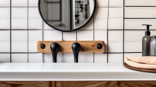 A close-up image of a rustic towel holder made of natural wood and cast iron. The wood is a light brown color with visible grain patterns, and the cast iron is painted black. The towel holder has a si