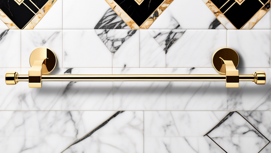 An elegant art deco towel bar with geometric patterns and gold accents against a backdrop of marble tiles.