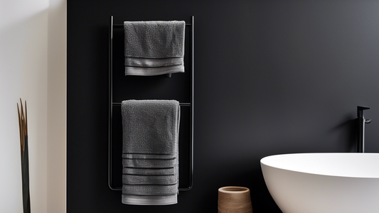 A sleek and modern black towel rack with a minimalist design, mounted on a white wall in a contemporary bathroom. The towel rack should have clean lines, sharp angles, and a brushed or matte black fin